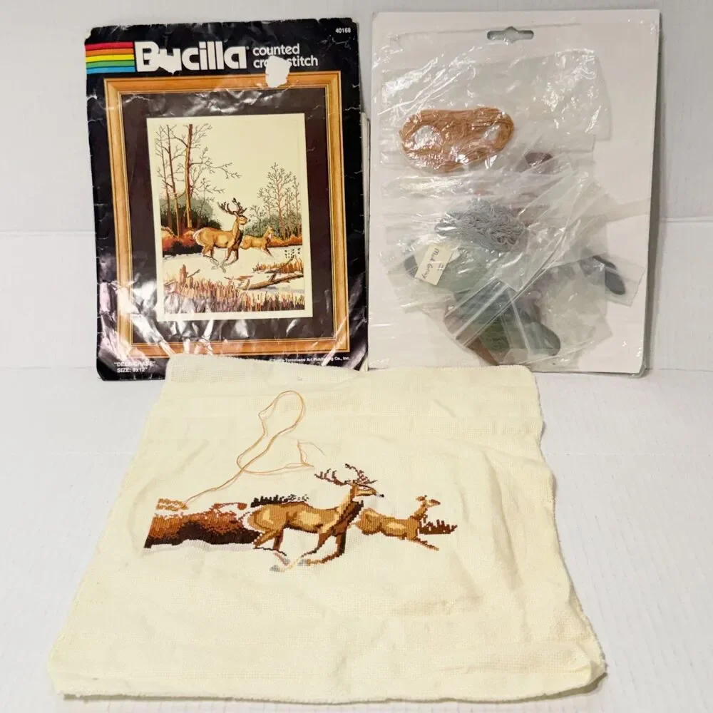 Bucilla Counted Cross Stitch Kit Deer Chase 40168 Partially Completed READ